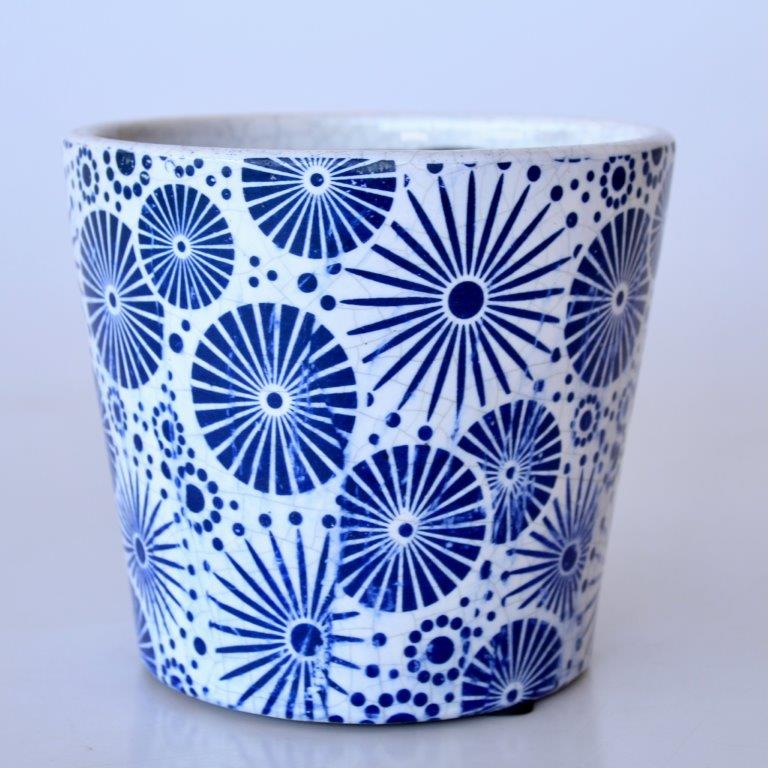 BLUE ROUND SUNBURST PLANTER  14X16CM